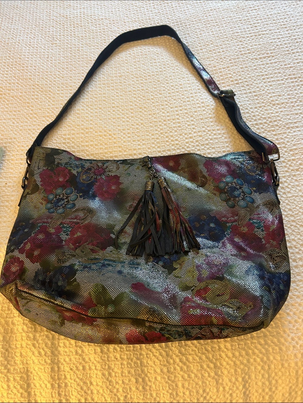 Floral Multicolor Shoulder Hobo with Tassel Accent